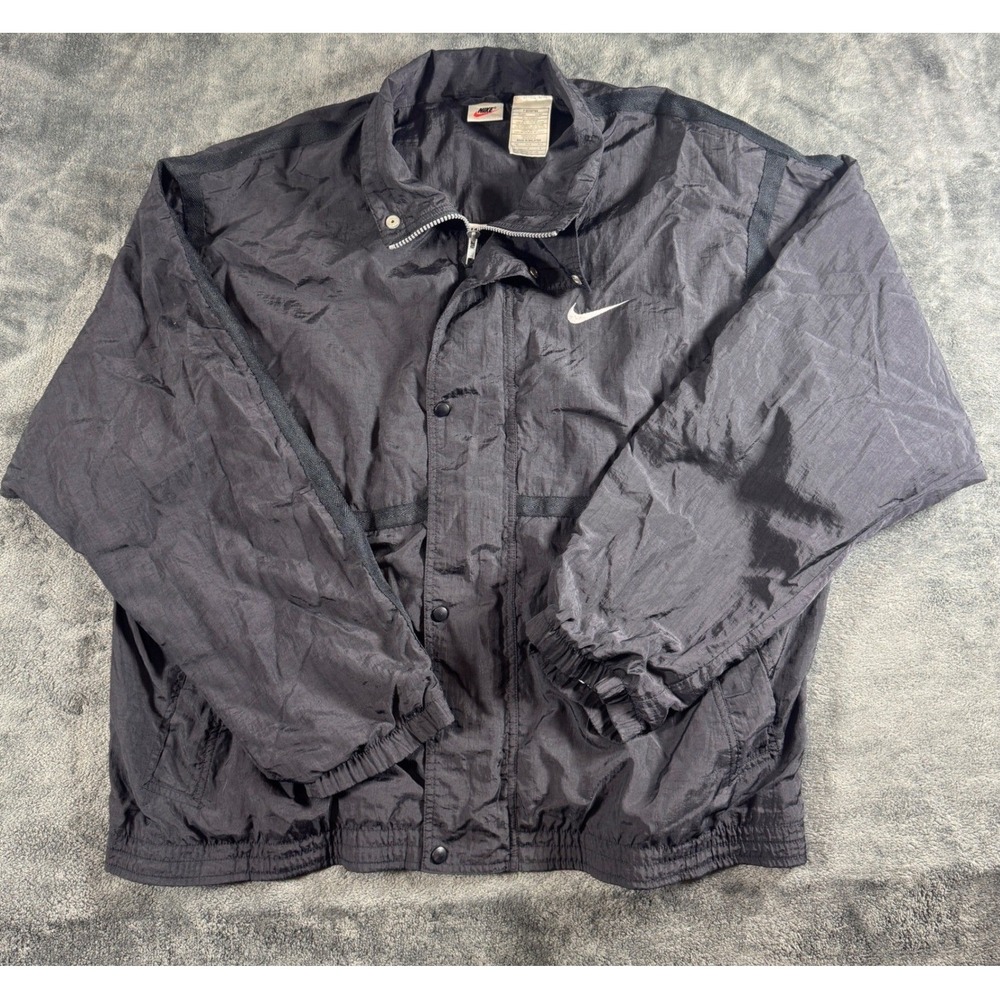 Vintage Nike Jacket Mens Large Windbreaker Black Crinkle Nylon Full Zip 90s L